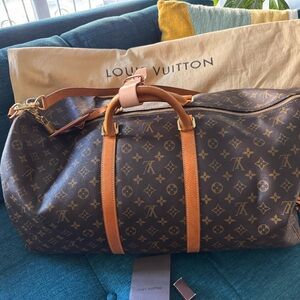 Louis Vuitton Brown Monogram Duffel Travel Bag with Tan Leather Trim Keepall 60